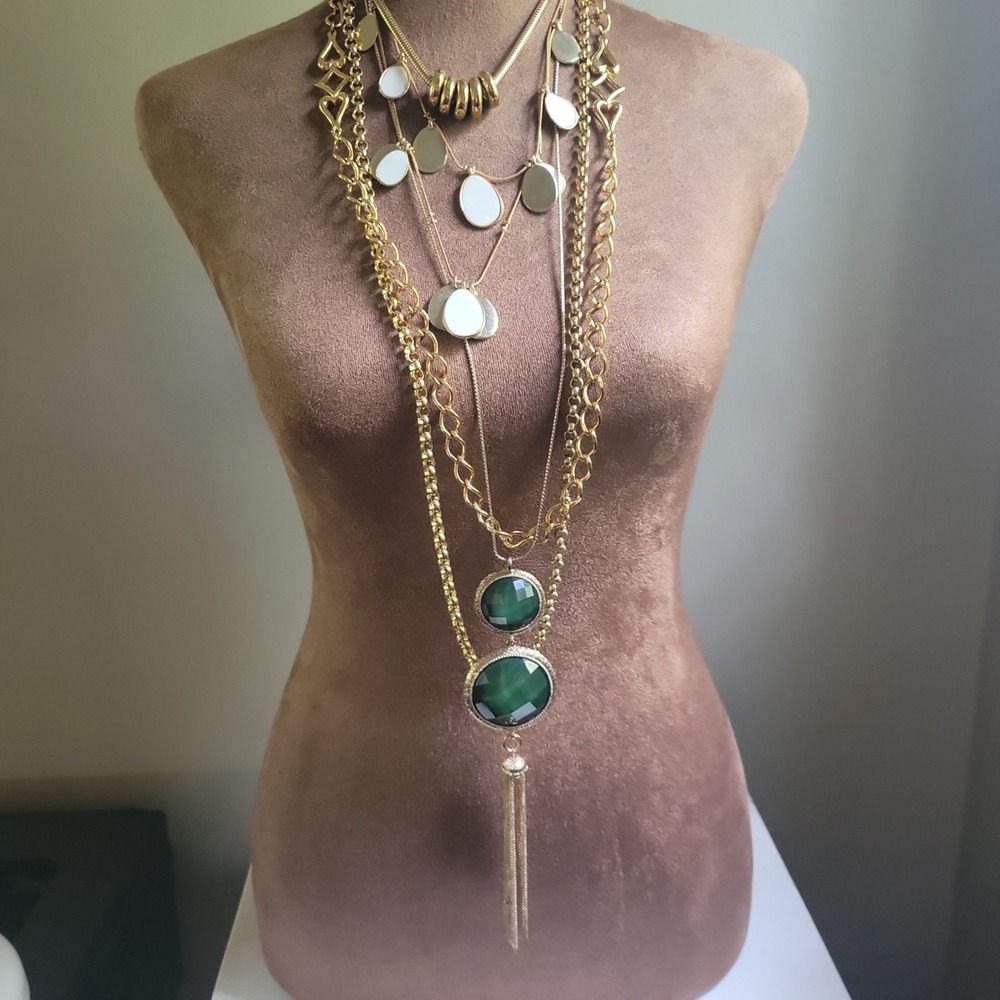 Gold Layered Necklace Set Green Stone Tassel Heart Rolo Snake Chain Maximalist